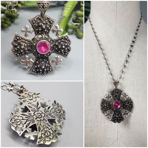 Crusader Cross .925 Sterling Silver w/ a Lrg Pink Sapphire aka Jerusalem Cross